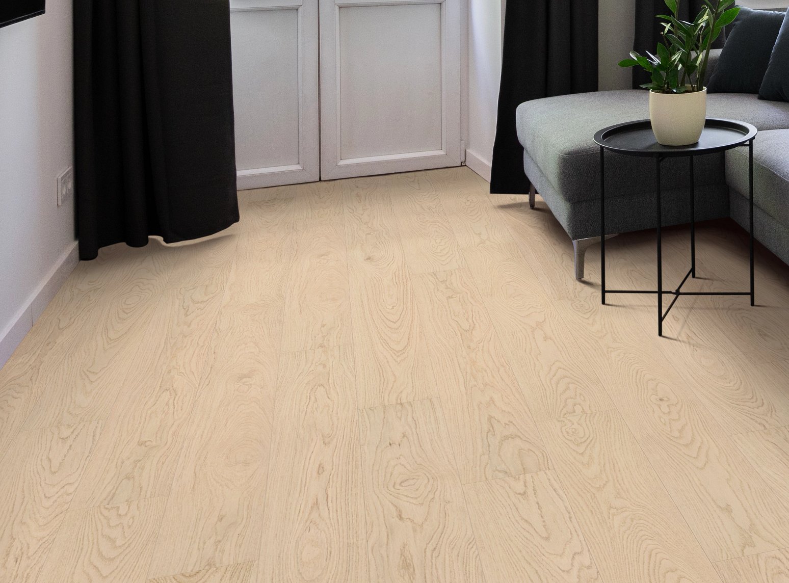 Light wood laminate flooring installed in Charlotte home office or den